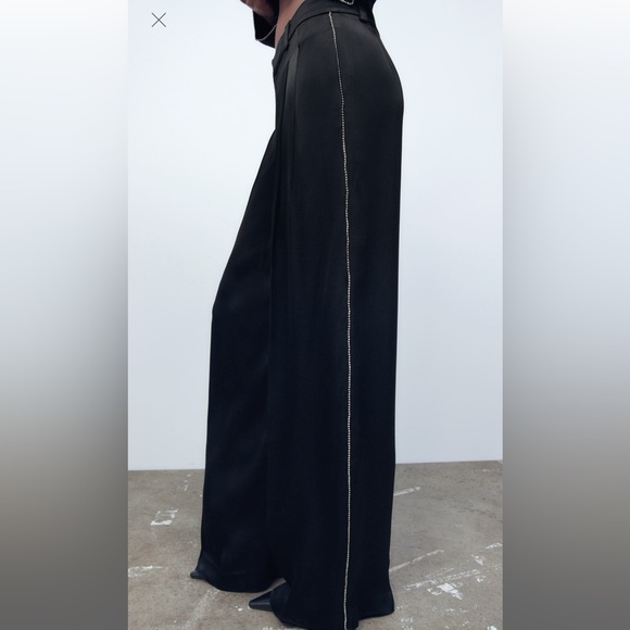 Black satin trousers with rhinestone side panel - Picture 2 of 4